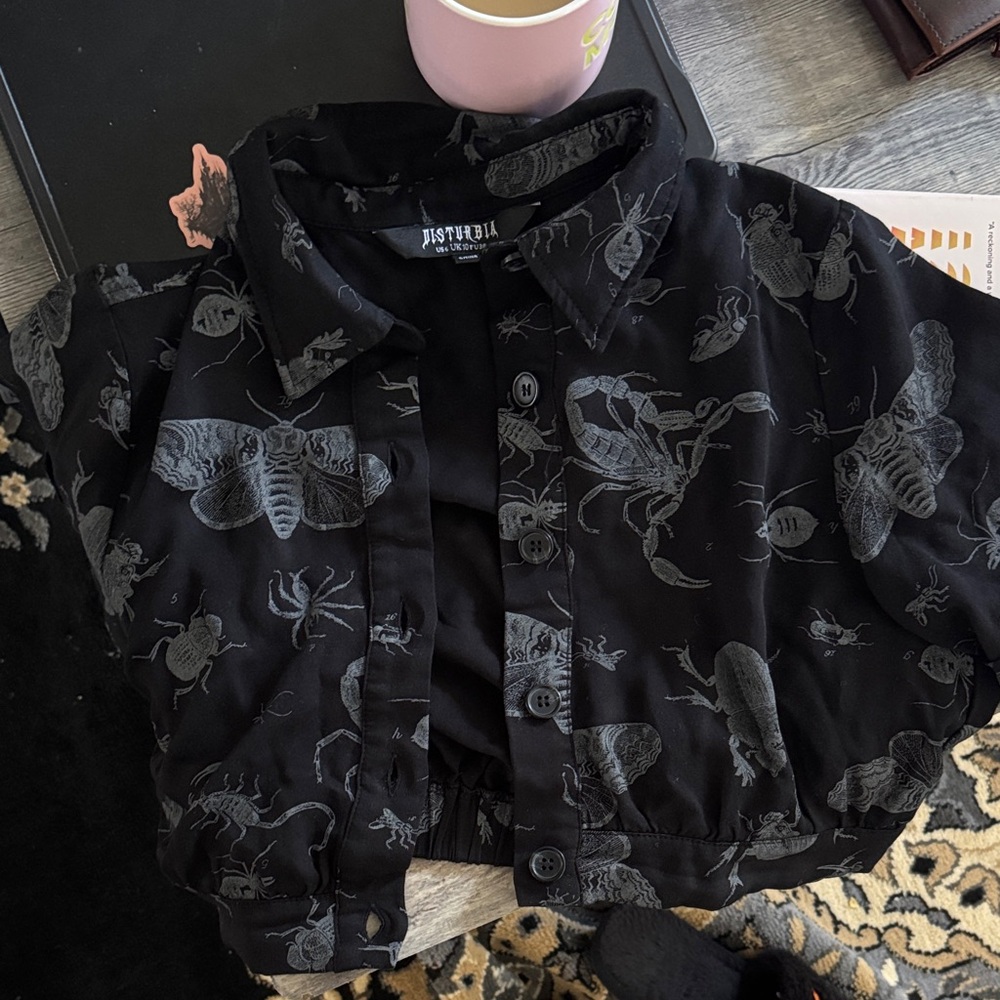 Disturbia Black Insect Print Cropped Button-Up Top